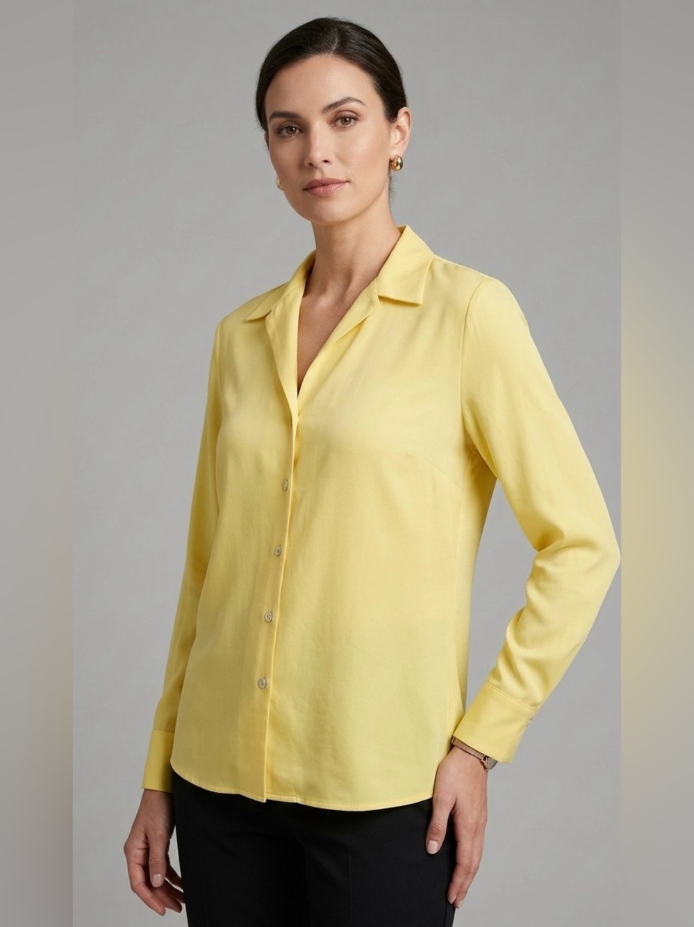 Dana Buchman Yellow 100%‎ Silk Button Up Blouse Long Sleeve Top Size 8
